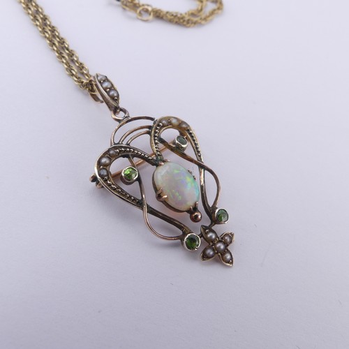 192 - An Art Nouveau opal Pendant, the central oval opal in scrolling open surround set demantoid garnets ... 