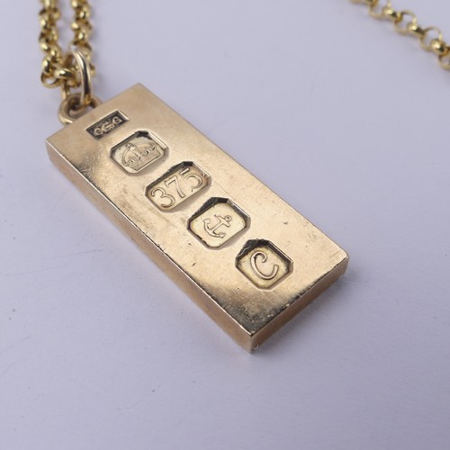 195 - A 9ct yellow gold Ingot Pendant, hallmarked Birmingham 1977, on a 9ct gold circular link chain, 49.5... 