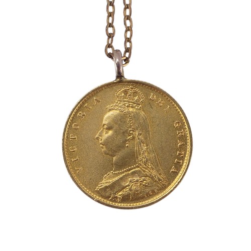 299 - A Victorian gold Half Sovereign, dated 1887, on soldered pendant mount, with gold plated trace chain... 