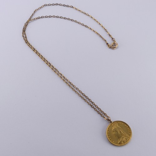 299 - A Victorian gold Half Sovereign, dated 1887, on soldered pendant mount, with gold plated trace chain... 