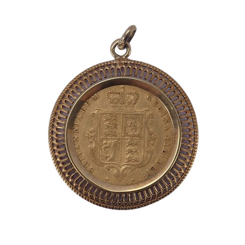 303 - A Victorian gold Half Sovereign, dated 1855, with shield back, in a pierced 9ct gold pendant mount, ... 