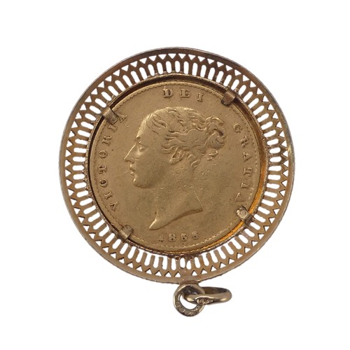 303 - A Victorian gold Half Sovereign, dated 1855, with shield back, in a pierced 9ct gold pendant mount, ... 