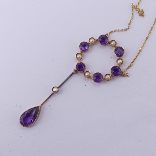 201 - An Edwardian amethyst and seed pearl Pendant, the open circular pendant with knife wire drop below s... 