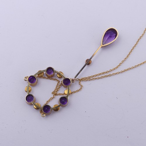 201 - An Edwardian amethyst and seed pearl Pendant, the open circular pendant with knife wire drop below s... 