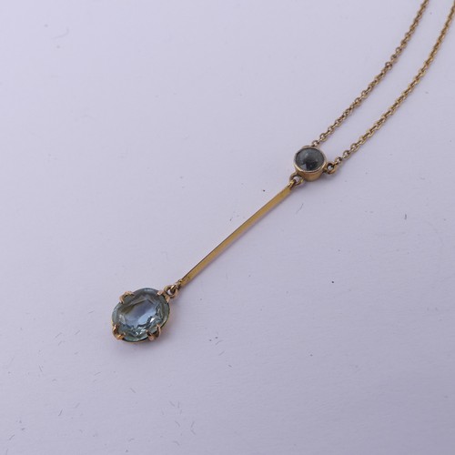 202 - An Edwardian aquamarine Pendant, with a millegrain set circular stone supending on a knifewire a cla... 