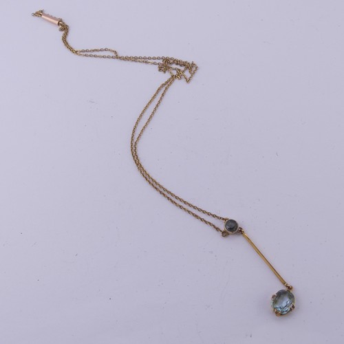 202 - An Edwardian aquamarine Pendant, with a millegrain set circular stone supending on a knifewire a cla... 