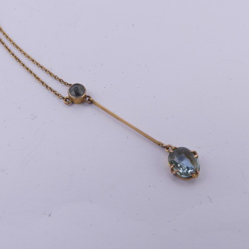 202 - An Edwardian aquamarine Pendant, with a millegrain set circular stone supending on a knifewire a cla... 