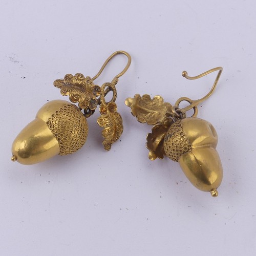 231 - A pair of Victorian gold acorn drop Earrings, naturalistically modelled suspended from double oak le... 