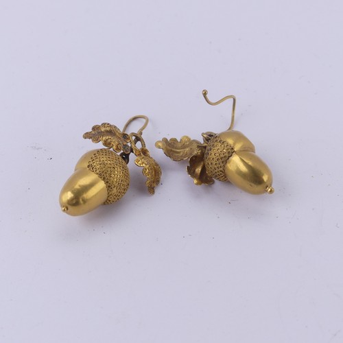 231 - A pair of Victorian gold acorn drop Earrings, naturalistically modelled suspended from double oak le... 