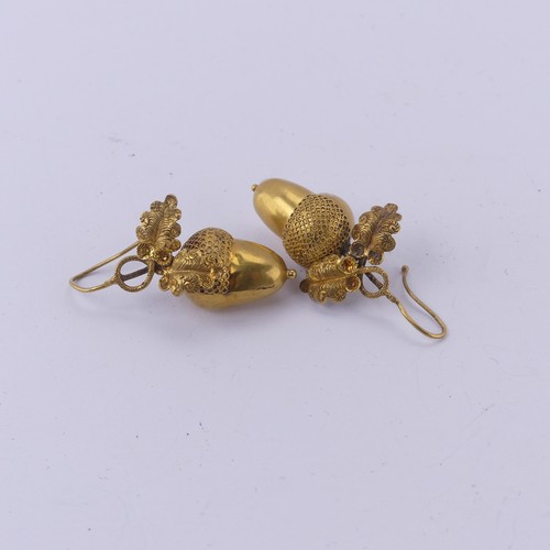 231 - A pair of Victorian gold acorn drop Earrings, naturalistically modelled suspended from double oak le... 