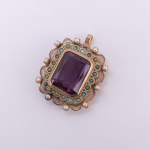 232 - A synthetic colour change sapphire Pendant / Brooch, the emerald cut stone approx. 19.3mm x 15.7mm c... 