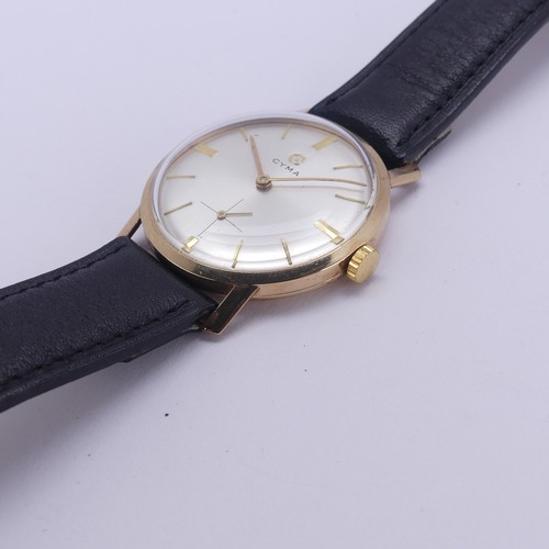 87 - A vintage 9ct gold Cyma Wristwatch, the silvered dial with gilt baton markers, subsidiary sweeping s... 