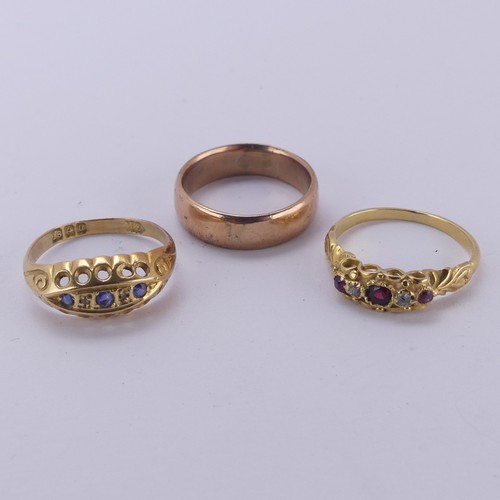 164 - A 9ct rose gold Ring, Size J, 3.2g, together with two small 18ct yellow gold rings, one set sapphire... 