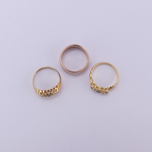 164 - A 9ct rose gold Ring, Size J, 3.2g, together with two small 18ct yellow gold rings, one set sapphire... 