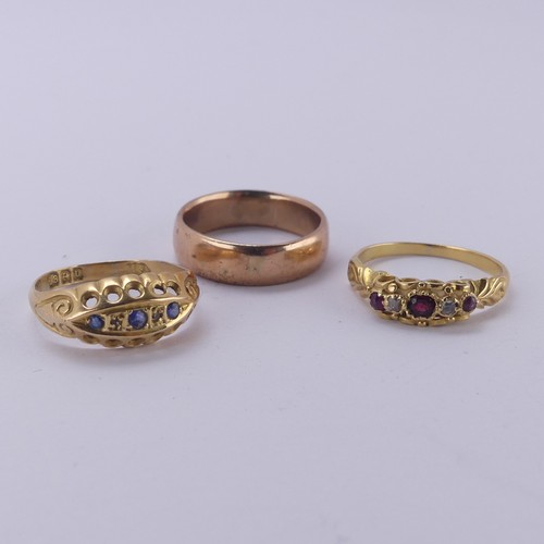 164 - A 9ct rose gold Ring, Size J, 3.2g, together with two small 18ct yellow gold rings, one set sapphire... 