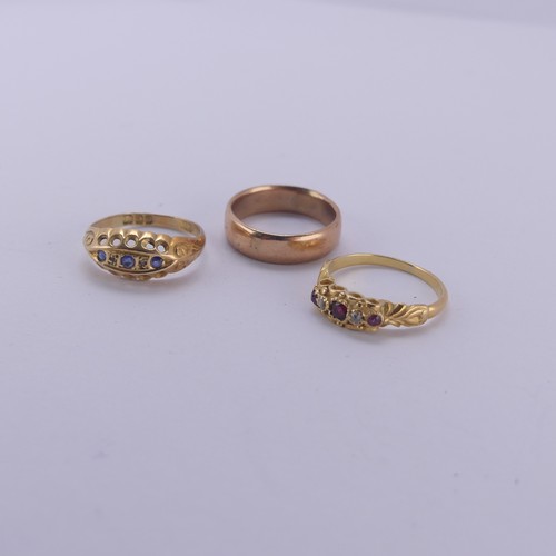 164 - A 9ct rose gold Ring, Size J, 3.2g, together with two small 18ct yellow gold rings, one set sapphire... 