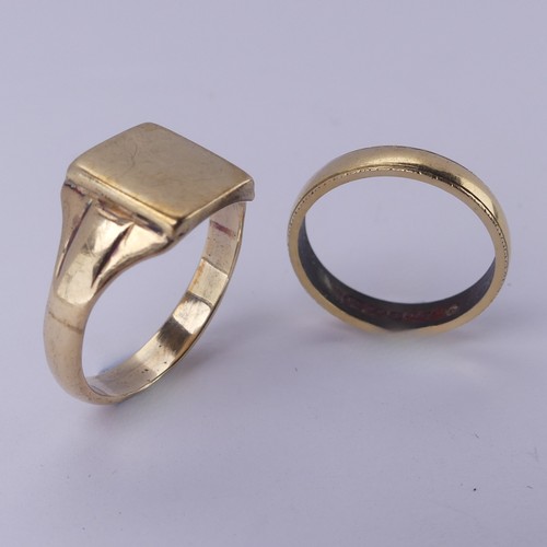 269 - An 18ct yellow gold Band, Size O, 3.8g, together with a 9ct gold signet Ring, Size U, 6.2g (2)... 