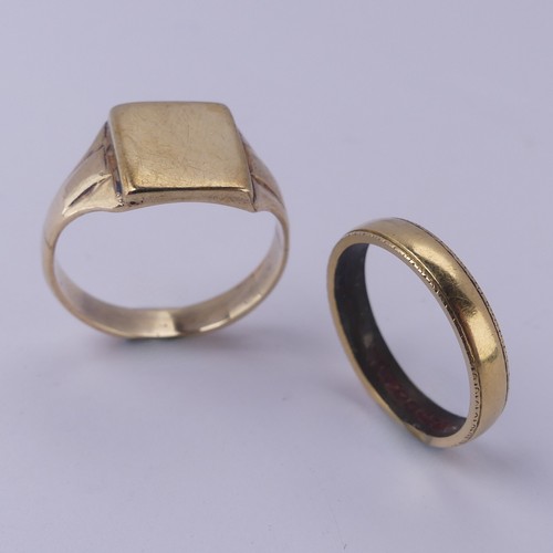 269 - An 18ct yellow gold Band, Size O, 3.8g, together with a 9ct gold signet Ring, Size U, 6.2g (2)... 