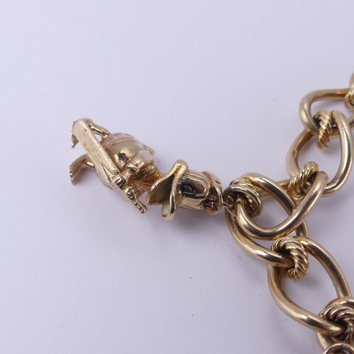 217 - A 9ct yellow gold Charm Bracelet, bolt ring clasp, three 9ct gold charms suspended; Owl, Fob Seal an... 