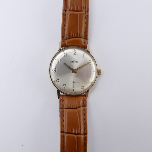 99 - A vintage 9ct gold Roamer Wristwatch, the silvered dial with gilt Arabic numerals, and sweeping subs... 