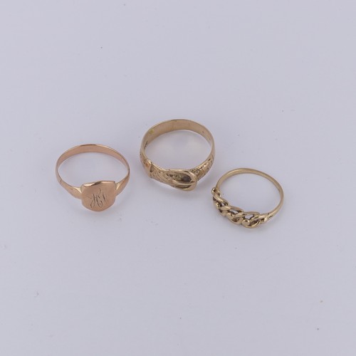 173 - A 9ct yellow gold Buckle Ring, Size R, together with a 9ct yellow gold knot ring, Size K½ and a 9ct ... 