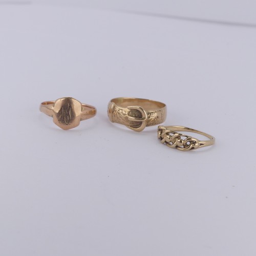 173 - A 9ct yellow gold Buckle Ring, Size R, together with a 9ct yellow gold knot ring, Size K½ and a 9ct ... 