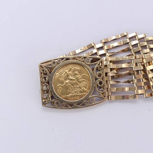 218 - An Edwardian gold Half Sovereign, dated 1910, mounted into a 9ct gold gatelink bracelet with padlock... 