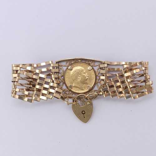 218 - An Edwardian gold Half Sovereign, dated 1910, mounted into a 9ct gold gatelink bracelet with padlock... 