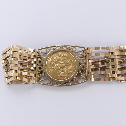 218 - An Edwardian gold Half Sovereign, dated 1910, mounted into a 9ct gold gatelink bracelet with padlock... 