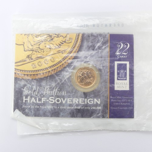 310 - An Elizabeth II gold bullion Half Sovereign, dated 2000, in Royal Mint carded blister pack.... 