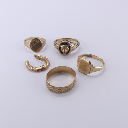 275 - Four 9ct yellow gold Rings, all as found, worn and mis-shapen, together with a 9ct gold earring, app... 