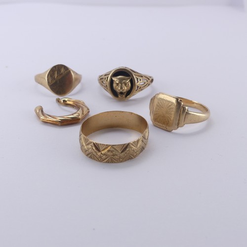 275 - Four 9ct yellow gold Rings, all as found, worn and mis-shapen, together with a 9ct gold earring, app... 