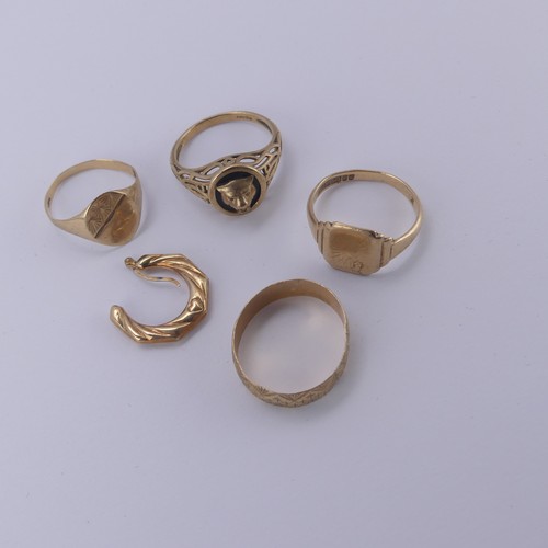 275 - Four 9ct yellow gold Rings, all as found, worn and mis-shapen, together with a 9ct gold earring, app... 