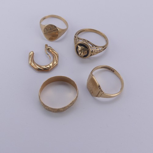 275 - Four 9ct yellow gold Rings, all as found, worn and mis-shapen, together with a 9ct gold earring, app... 