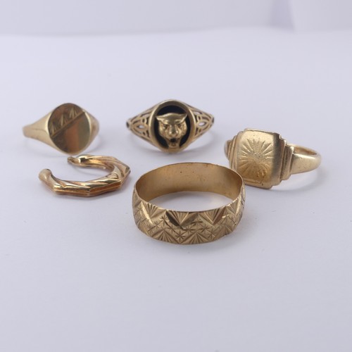 275 - Four 9ct yellow gold Rings, all as found, worn and mis-shapen, together with a 9ct gold earring, app... 