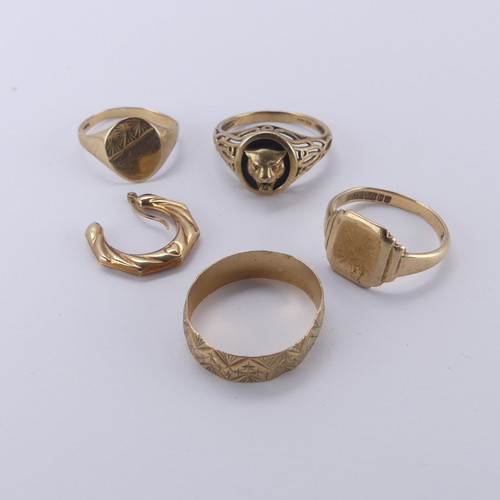 275 - Four 9ct yellow gold Rings, all as found, worn and mis-shapen, together with a 9ct gold earring, app... 