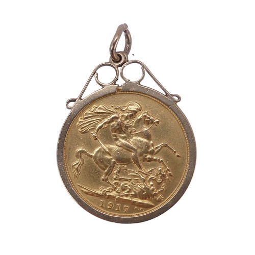 317 - A George V gold Sovereign, dated 1917, with Perth mint mark, in a 9ct gold pendant mount, total weig... 