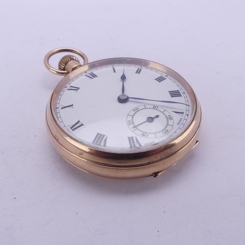 107 - A 9ct gold open face Pocket Watch, the unsigned white enamel dial with Roman Numerals, subsidiary se... 