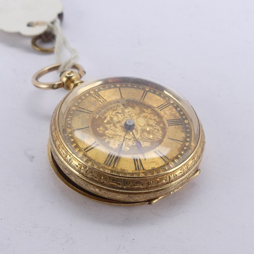 108 - A Continental 18k gold Fob Watch, the foliate gilt dial signed 'La Fidele Geneve', key wind movement... 