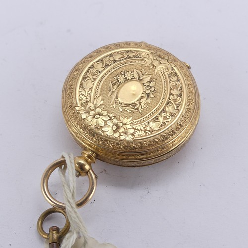 108 - A Continental 18k gold Fob Watch, the foliate gilt dial signed 'La Fidele Geneve', key wind movement... 