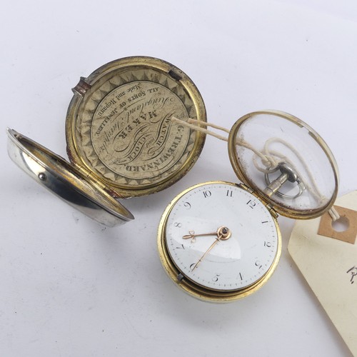 109 - A George III silver pair cased Pocket Watch, the white enamel dial with Arabic numerals, key wind ve... 