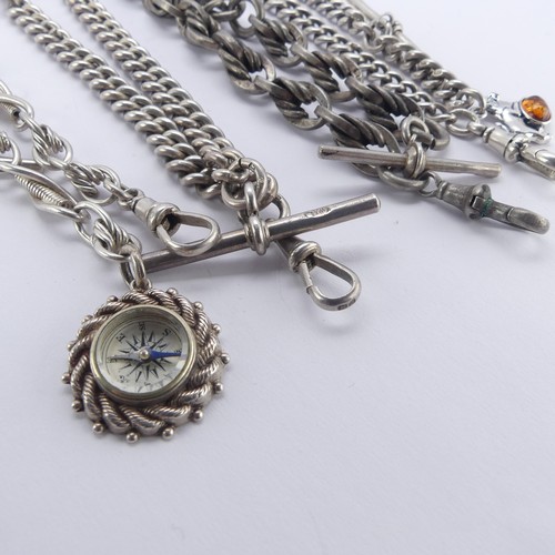 117 - A silver fancy link Watch Chain, with silver compass fob suspended, together with two silver curblin... 