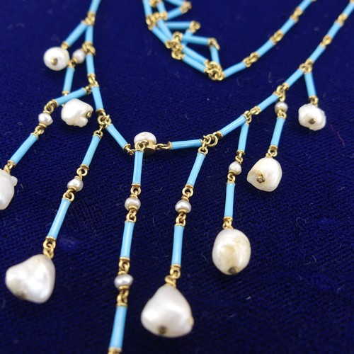 200 - An Etruscan style turquoise enamel and freshwater pearl fringe Necklace, 42cm long.