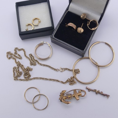 279 - A 9ct yellow gold Chain, 56cm long, together with three pairs of 9ct gold earrings, other 9ct hoop e... 