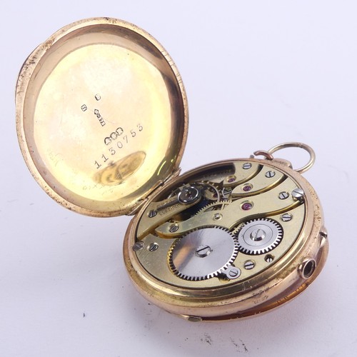 99A - A 9ct gold cased half hunter Fob Watch, the case with blue enamelled Roman dial, white enamel main d... 