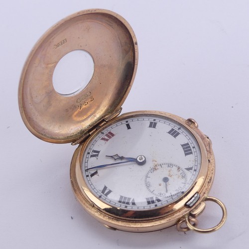 99A - A 9ct gold cased half hunter Fob Watch, the case with blue enamelled Roman dial, white enamel main d... 