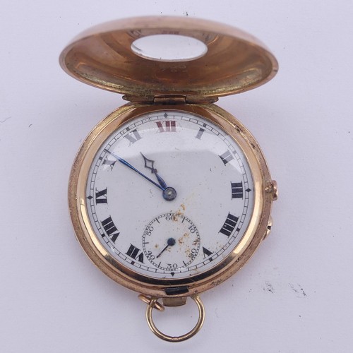 99A - A 9ct gold cased half hunter Fob Watch, the case with blue enamelled Roman dial, white enamel main d... 