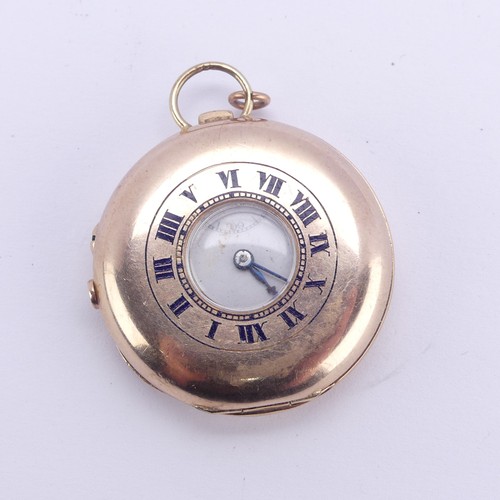 99A - A 9ct gold cased half hunter Fob Watch, the case with blue enamelled Roman dial, white enamel main d... 