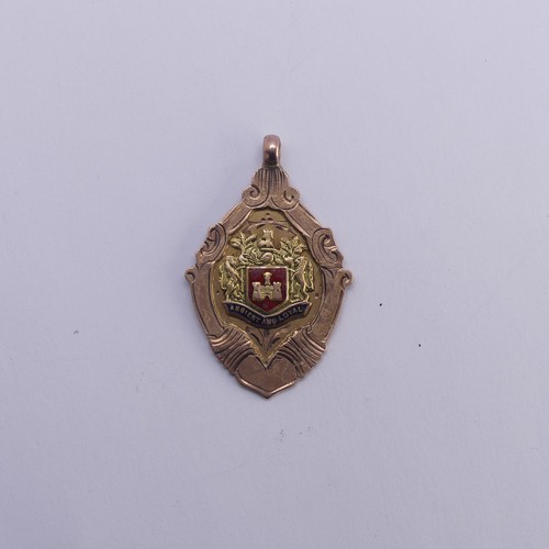 250A - A 9ct rose gold and enamel Fob, hallmarked Chester 1929, with swimming prize inscription, 6g, togeth... 