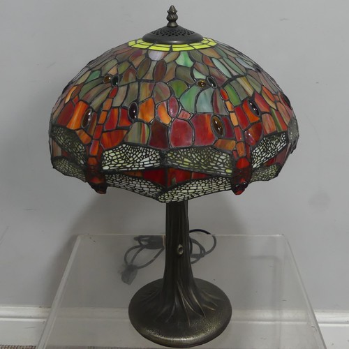 503 - An Art Deco style Tiffany & Co inspired stained glass Lamp, the shade decorated with dragonflies... 